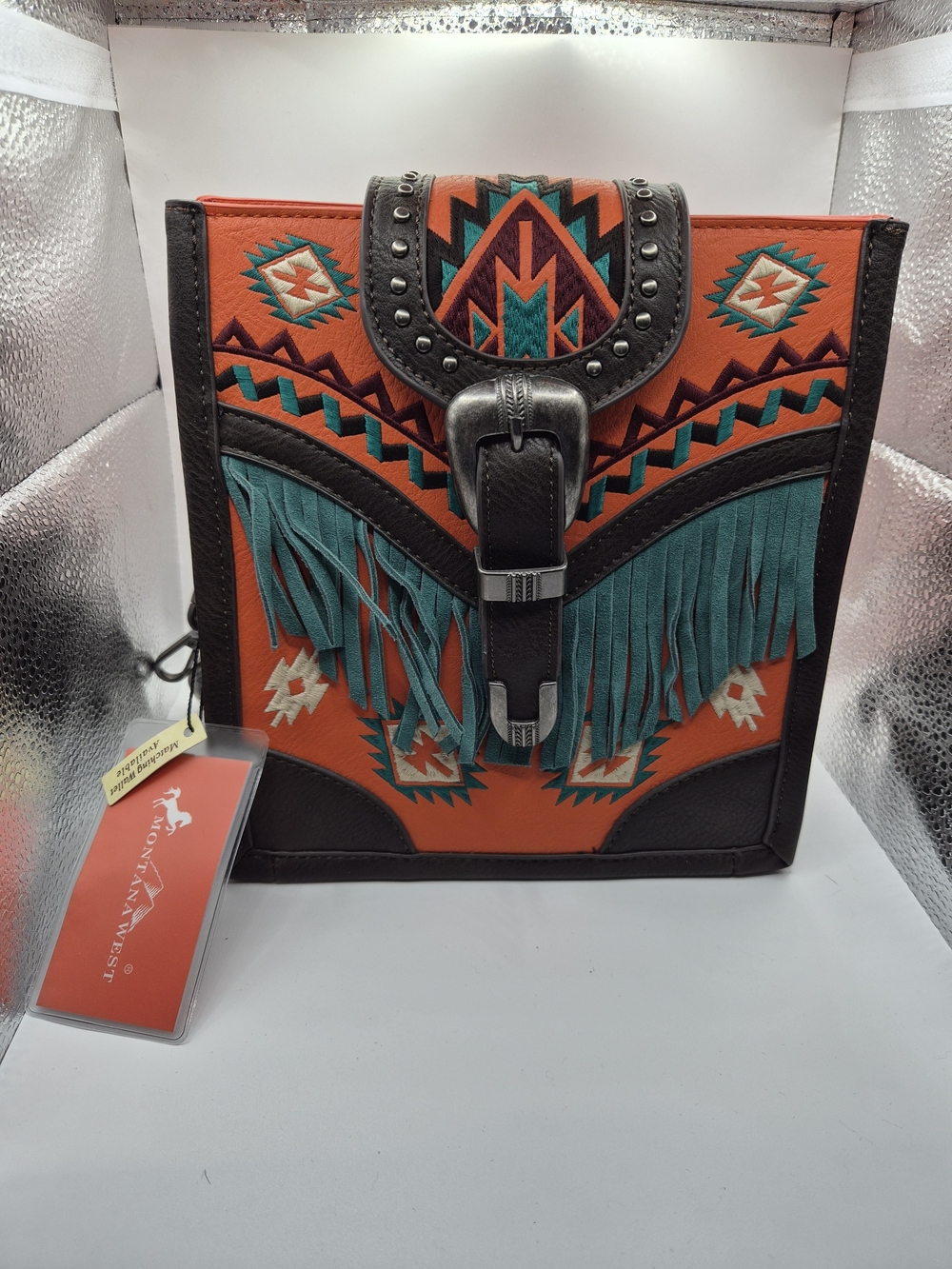 Western Fringe Tote Bag in Orange and Teal - Unknown Brand